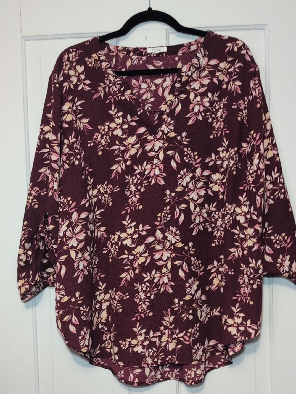 Maurices Burgundy Floral Split-Neck Blouse